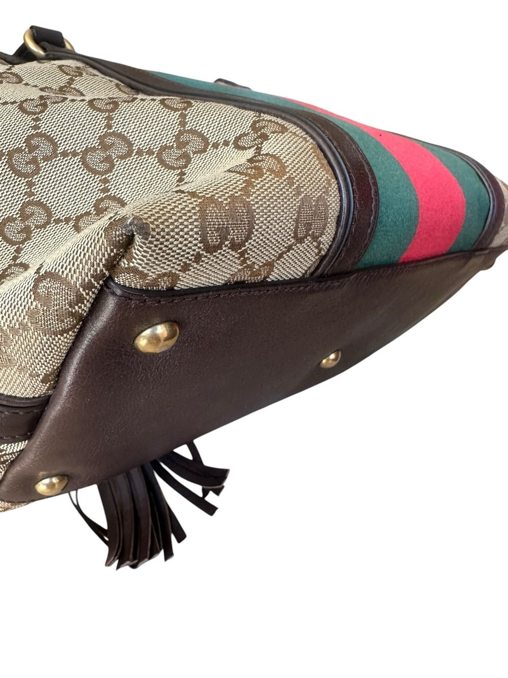 Gucci Brown Canvas & Leather Tote with Green and Red Stripe - Picture 5 of 10